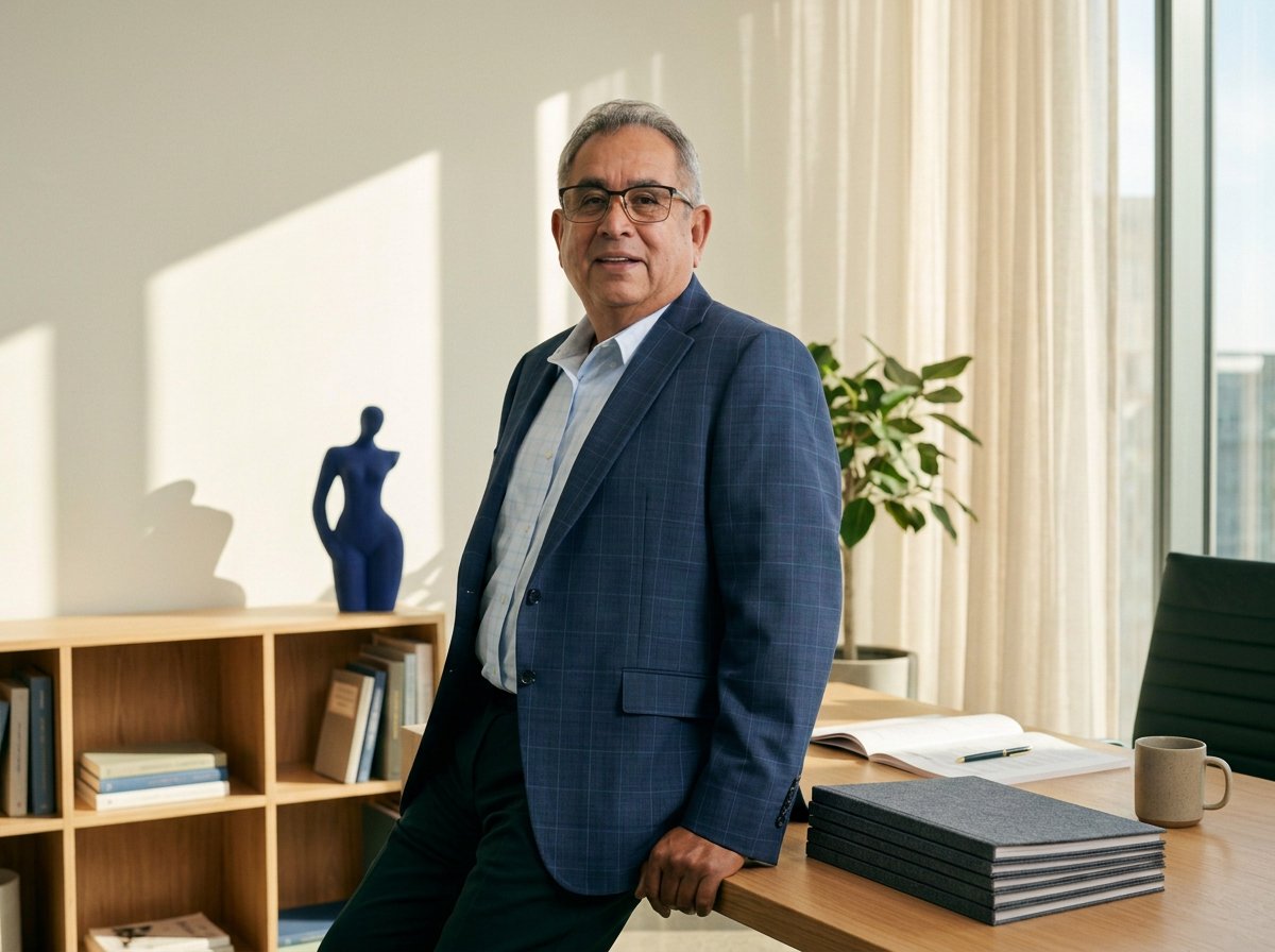 A senior man in a blue checkered suit and glasses standing in an office, with one hand on a wooden desk that has several black folders, an open book, a pen, and a mug. There is a large window with cream curtains, a plant, and a decorative blue sculpture on a bookshelf in the background.