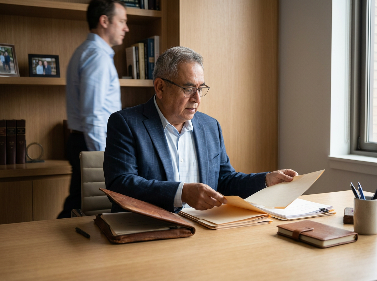 An older man in a blue suit and glasses is sitting at a desk looking at papers. A younger man in a light blue shirt stands in the background near a bookshelf, this image shows a professional office setting with wooden furniture and framed photographs on the shelves.