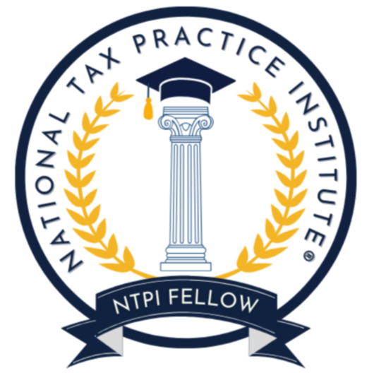 Logo of the National Tax Practice Institute with a column, laurel branches, and a graduation cap, indicating an NTPF Fellow.