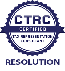 Certification badge for CTRC Tax Representation Consultant with the word 'RESOLUTION' at the bottom.