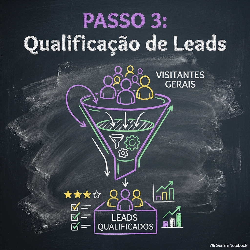 Ilustração de um funil de vendas em quadro negro, mostrando o passo 3: qualificação de leads, onde visitantes gerais são filtrados para se tornarem leads qualificados, representados por ícones de pessoas, gráficos de crescimento e listagens de tarefa