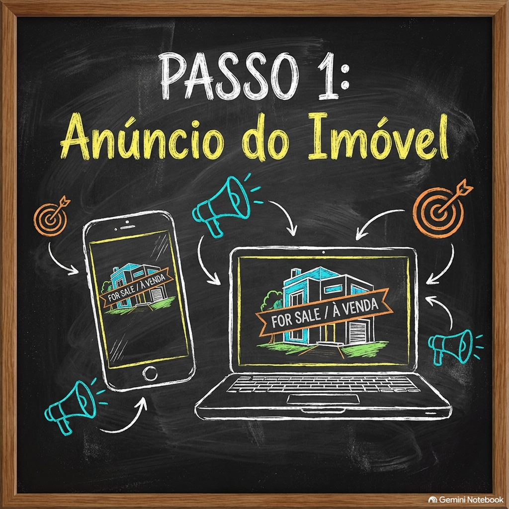 Quadro negro com ilustrações digitais de um celular e um laptop exibindo anúncios de imóveis à venda. Texto em destaque: 'PASSO 1: Anúncio do Imóvel', com setas e ícones de alto-falante e alvo.