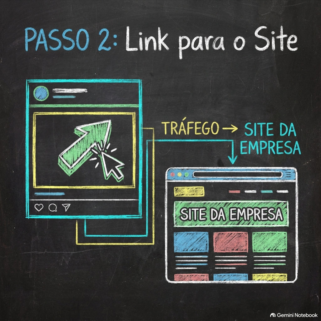 Quadro negro com desenho de uma tela de rede social e um navegador com o site de uma empresa, indicando o passo 2 para a criação de um link para o site, com setas e anotações em português.