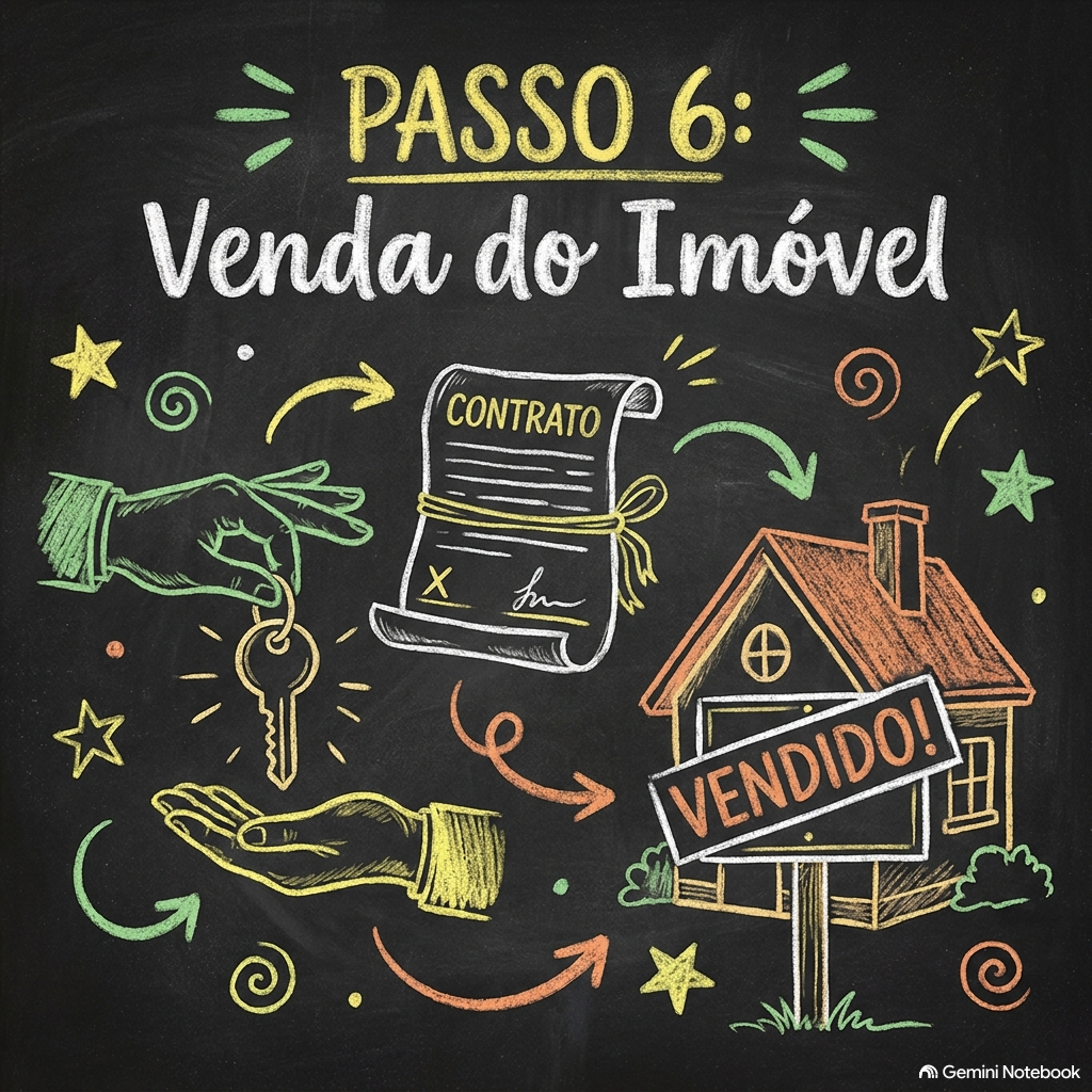 Quadro preto com desenhos coloridos explicando o passo 6 na venda de um imóvel, incluindo uma mão entregando uma chave, um contrato, uma casa com a placa de vendido, estrelas e setas decorativas.