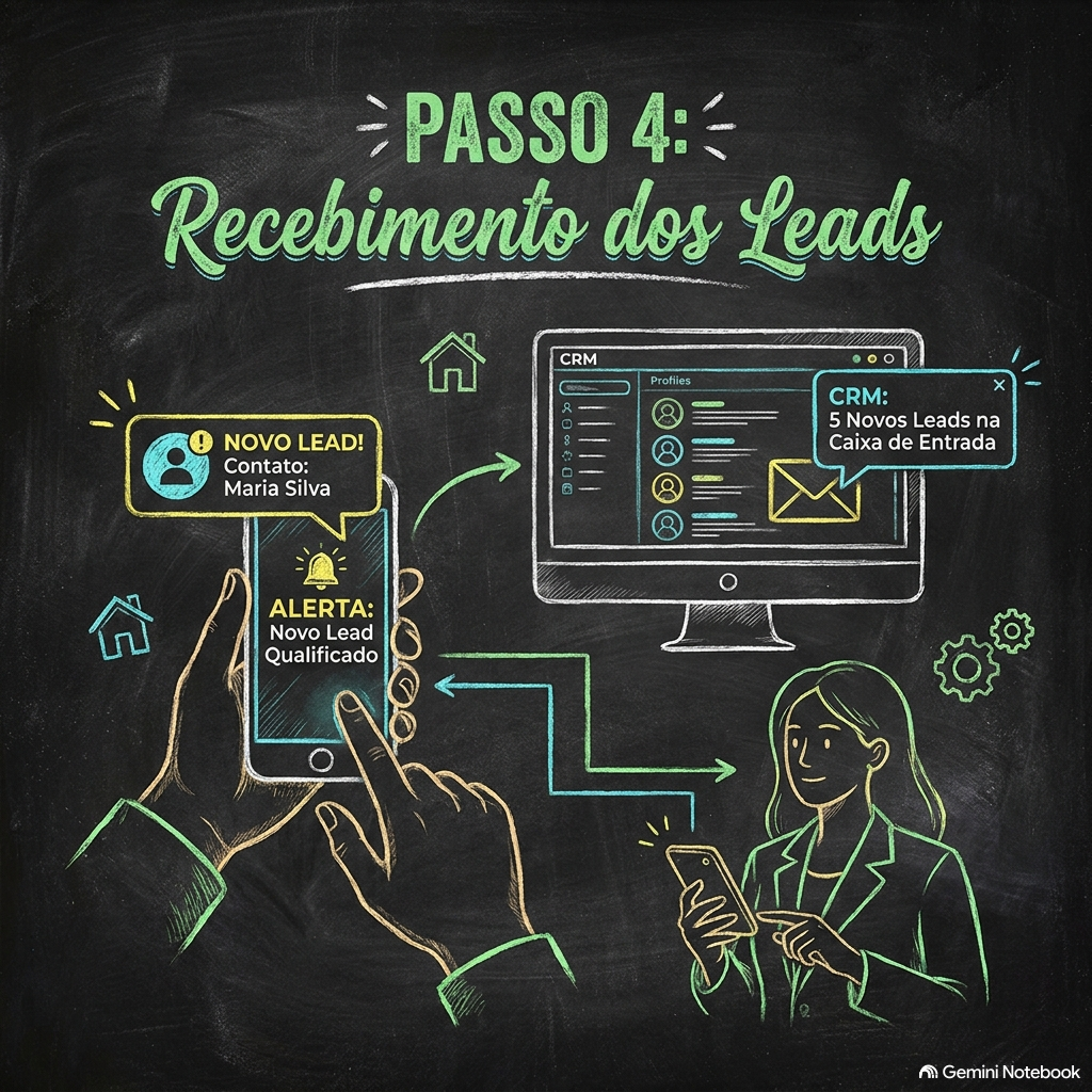 Ilustração de um processo de recebimento de leads em uma estratégia de marketing digital, com notificações em smartphone sobre novos leads, e um monitor de computador exibindo informações de CRM, ilustrando o passo 4.