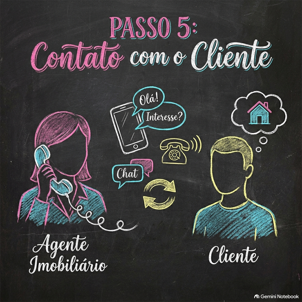 Quadro explicando o passo 5 do contato com o cliente, com ilustrações de uma agente imobiliária com telefone, mensagens de texto, telefone fixo e uma pessoa com uma casa na cabeça, representando o cliente. Texto destaca o diálogo e o processo de comu