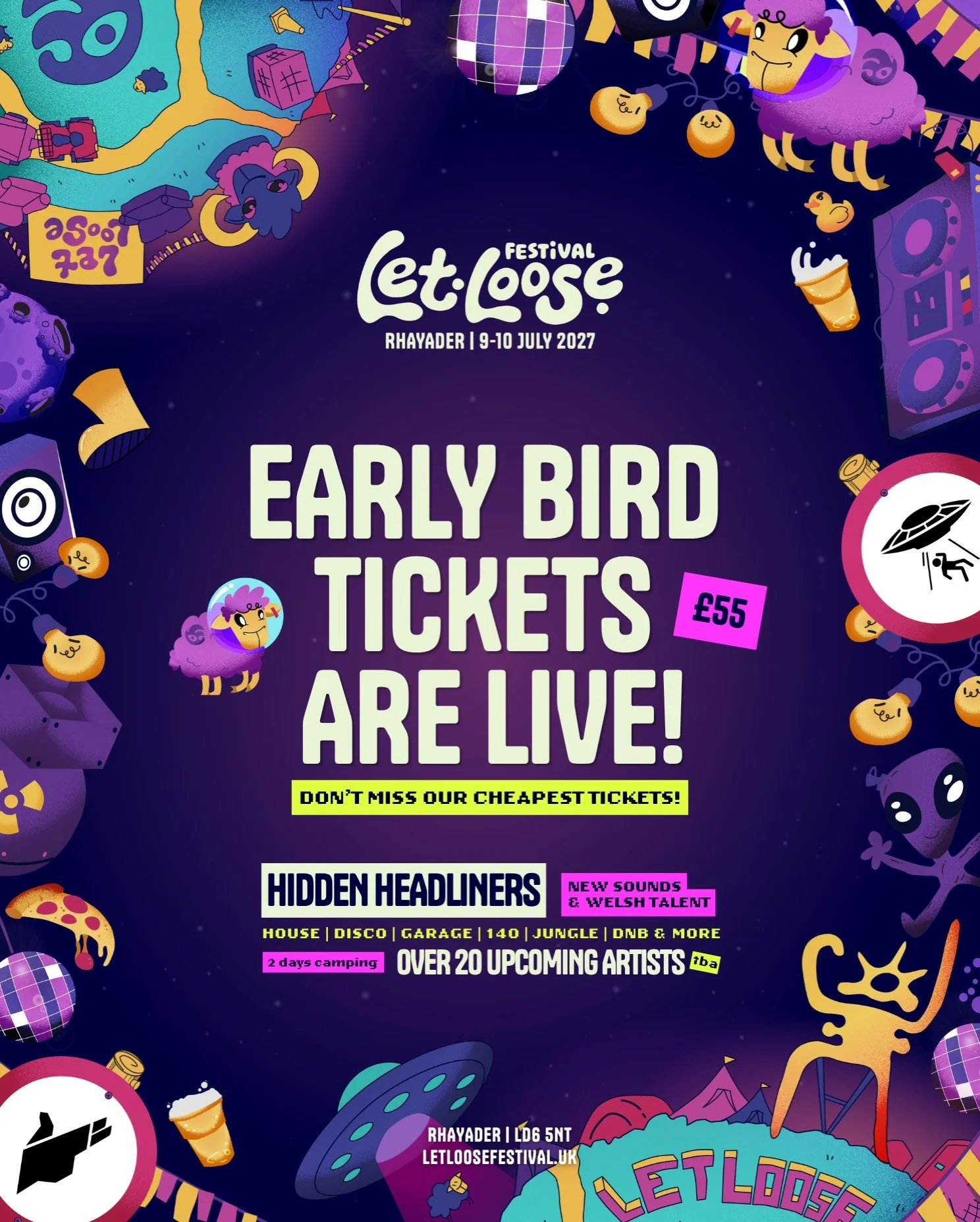 Our cheapest tickets are here! 🪩

&pound;55 for two days of camping, music and discovering new artists in a field in Mid Wales.

Just a small festival built by friends, doing our thing.

Only 100 tickets at this price, so do your thing, back grassro