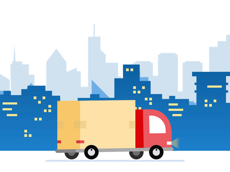 Pixel art illustration of a red and beige delivery truck driving through a cityscape at dusk, with tall skyscrapers in the background.