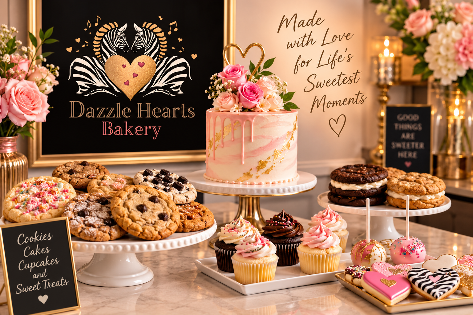 Dazzle Hearts Bakery gourmet cookies and custom pink celebration cake displayed with the bakery logo and floral decorations.