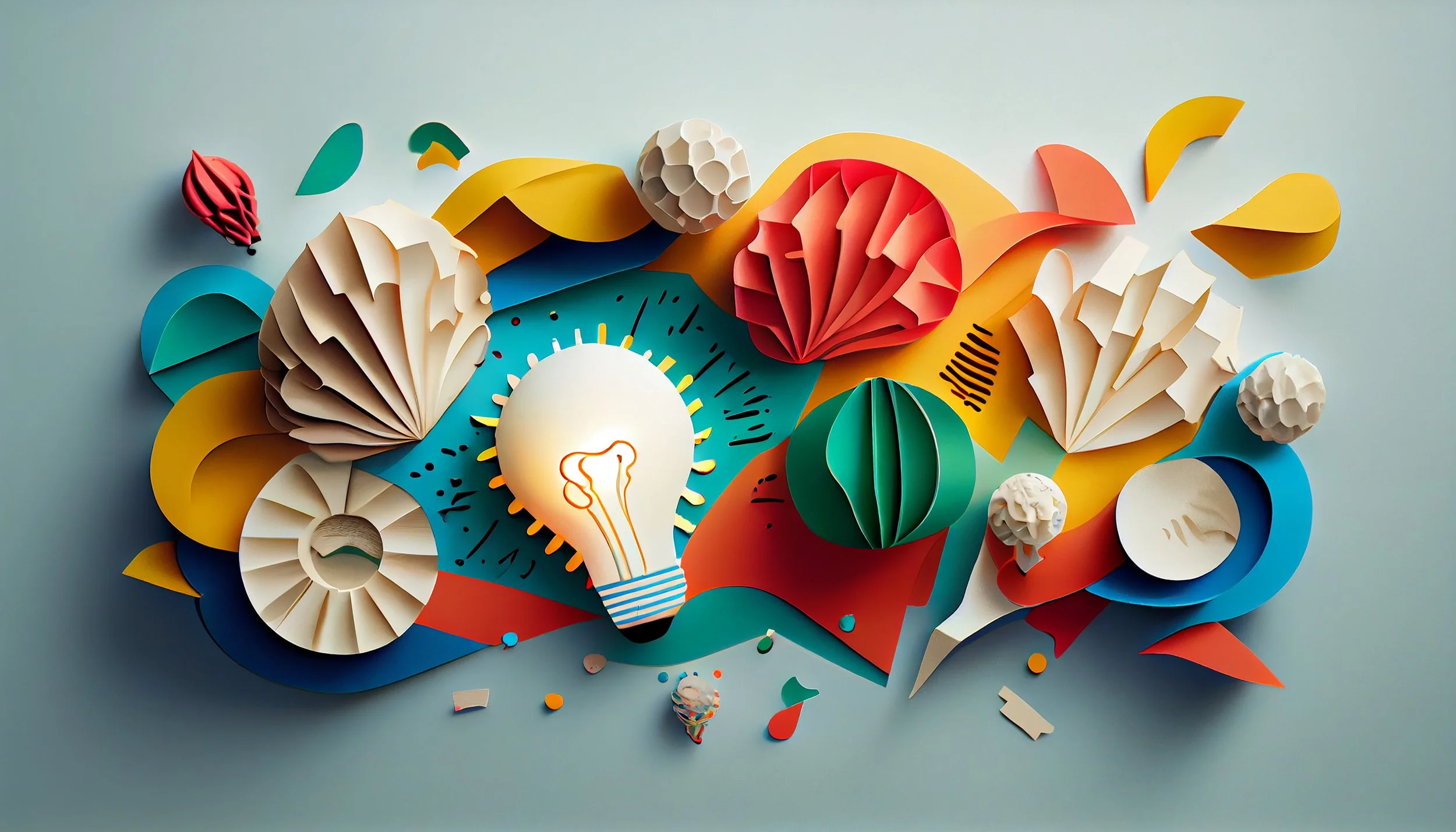 Arte de papel colorido representando uma iluminação de lâmpada, elementos de ondas e bolas decorativas sobre fundo azul claro.
