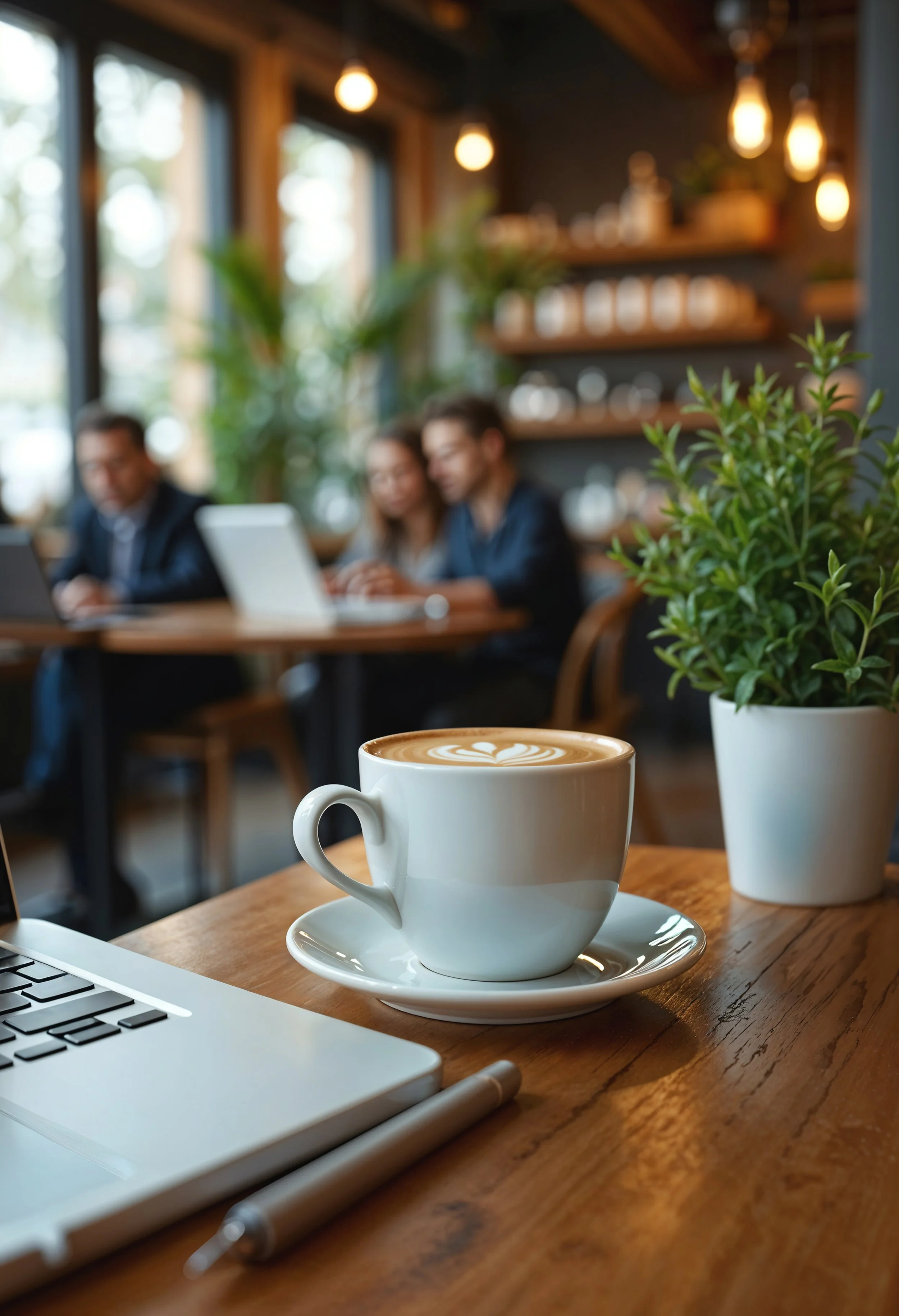 Tazza de café com latte art sobre uma mesa de madeira, ao lado de uma planta em vaso branco, com laptop e caneta na mesa. Em segundo plano, uma pessoa usando laptop em um ambiente aconchegante com iluminação quente e decorado com plantas e prateleiras.