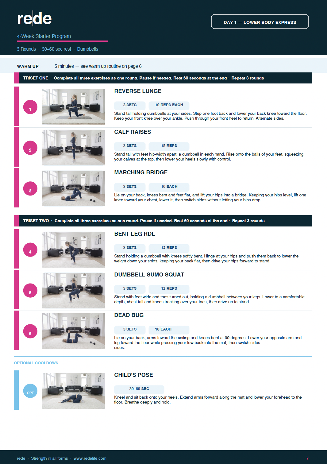 A workout plan with exercise instructions and images, including reverse lunge, calf raises, marching bridge, bent leg RDL, dumbbell sumo squat, dead bug, and child's pose, on a printed sheet.