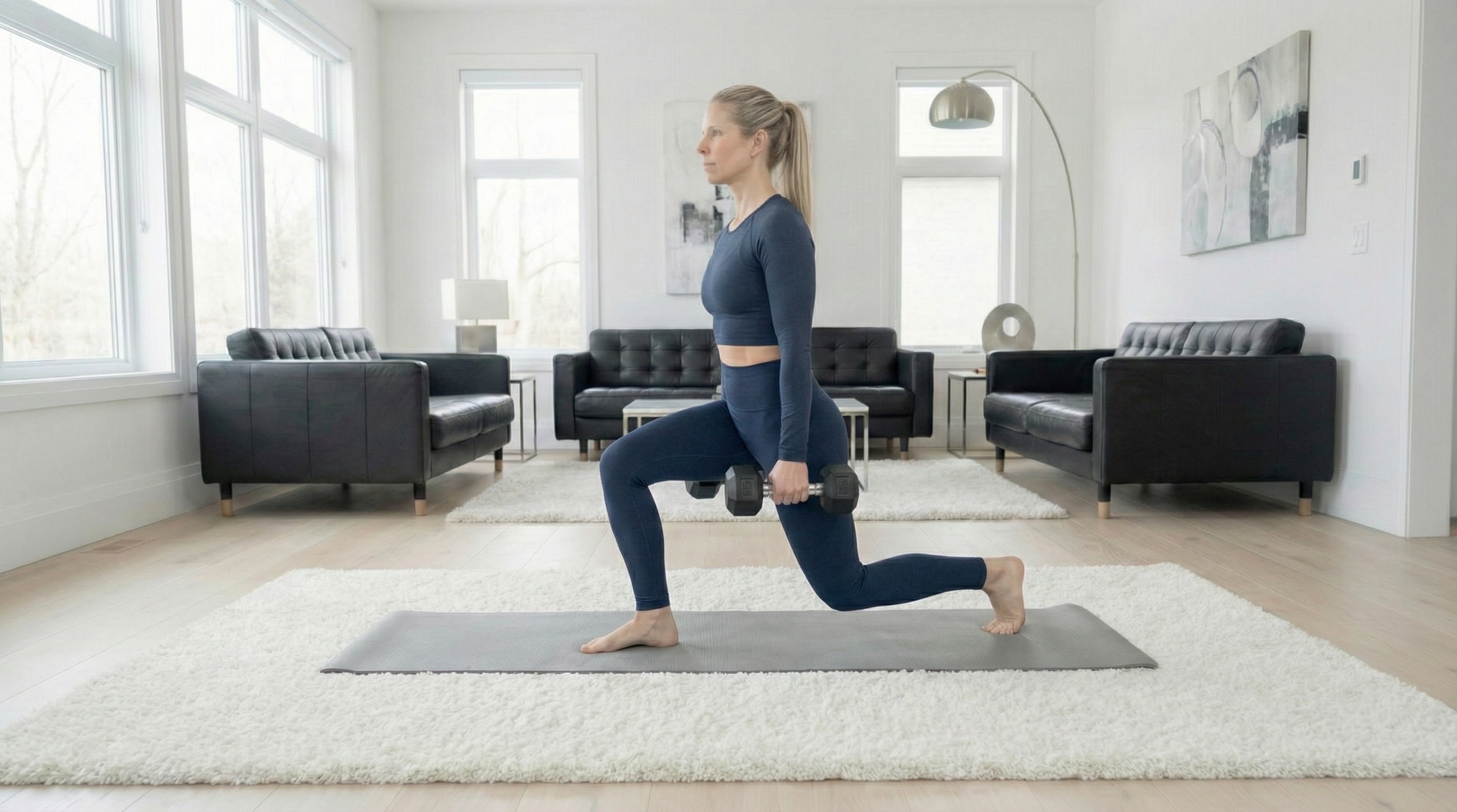 A woman in workout clothes performing a lunge exercise on a yoga mat indoors, holding dumbbells in each hand.