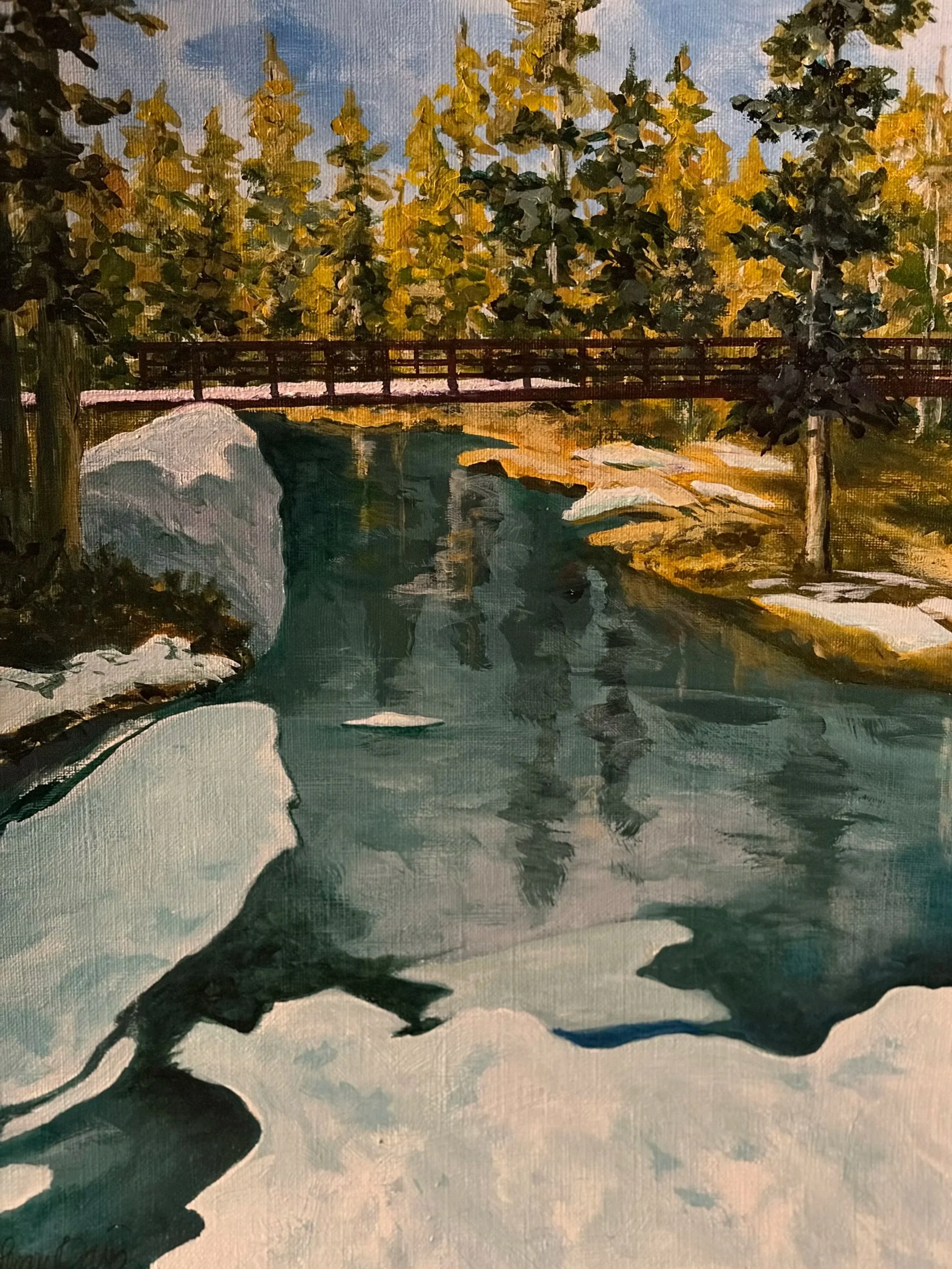 Painting of a snowy landscape with silhouettes of two birds on snow-covered ground, a river, and a background with yellow trees, a bridge, and a blue sky.