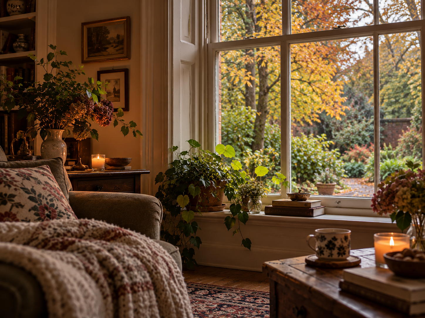 Cozy living room with a soft blanket, candlelight, and autumn trees outside the window