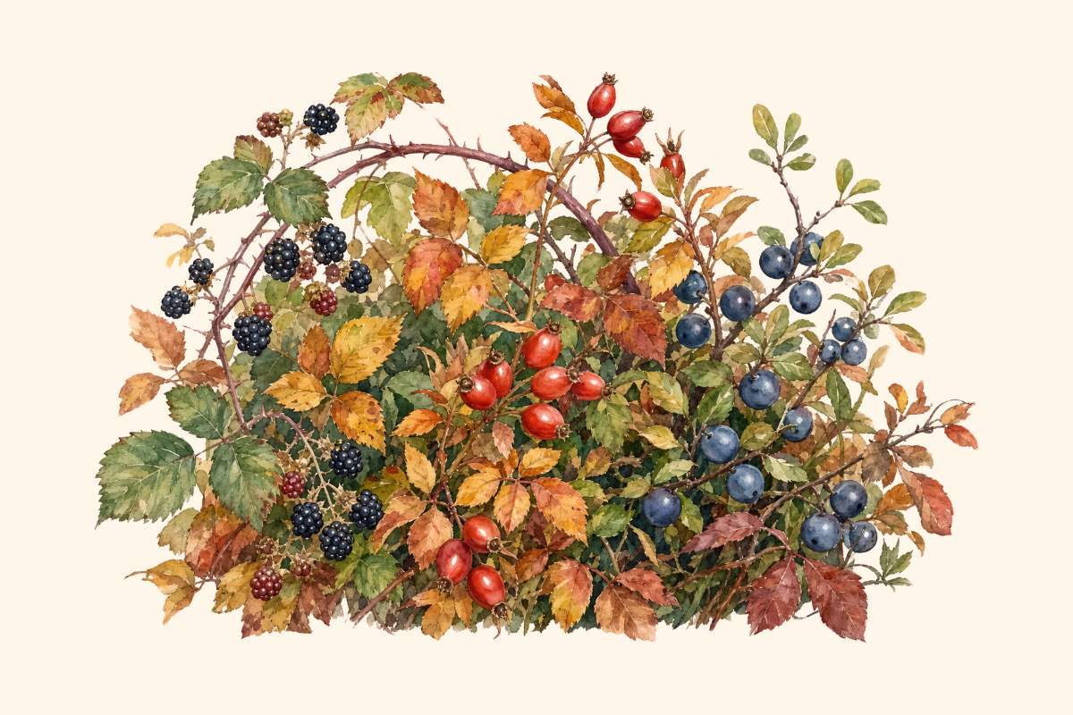 Vintage botanical illustration of an autumn hedgerow, with tangled brambles, blackberries, red rosehips, blue sloes, and leaves in shades of gold, orange, and green.