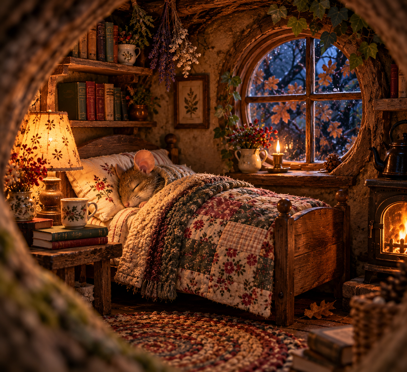 Illustration of a cozy mouse tucked beneath a quilt in a woodland burrow