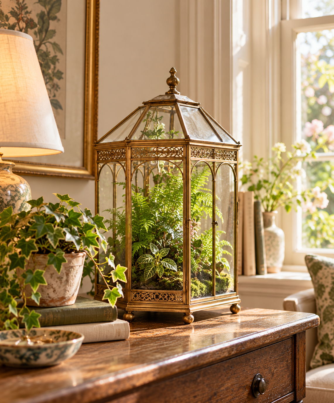Ornate brass and glass Wardian case filled with lush greenery in a sunlit room