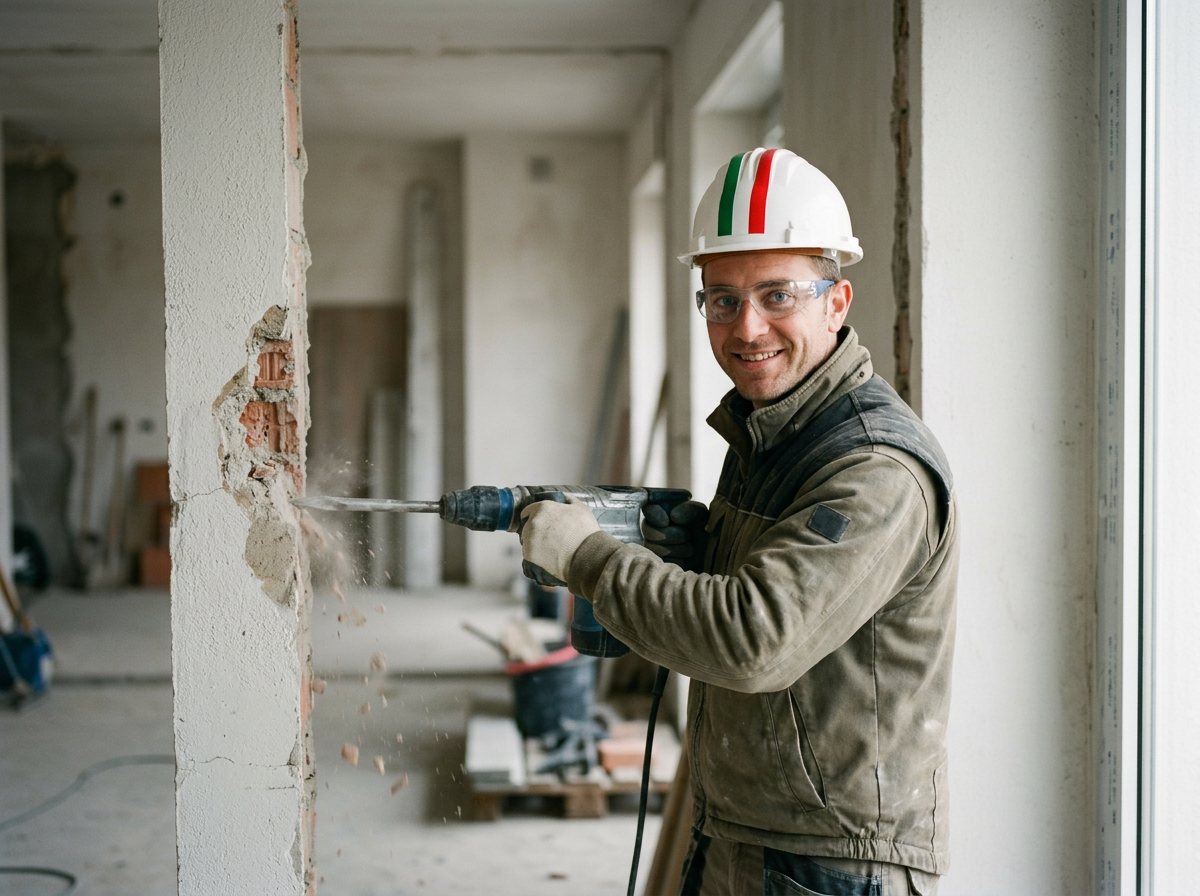 Uomo in divisa da cantiere con casco bianco con bandiera italiana, che usa un trapano per fare un foro in un muro di cartongesso.