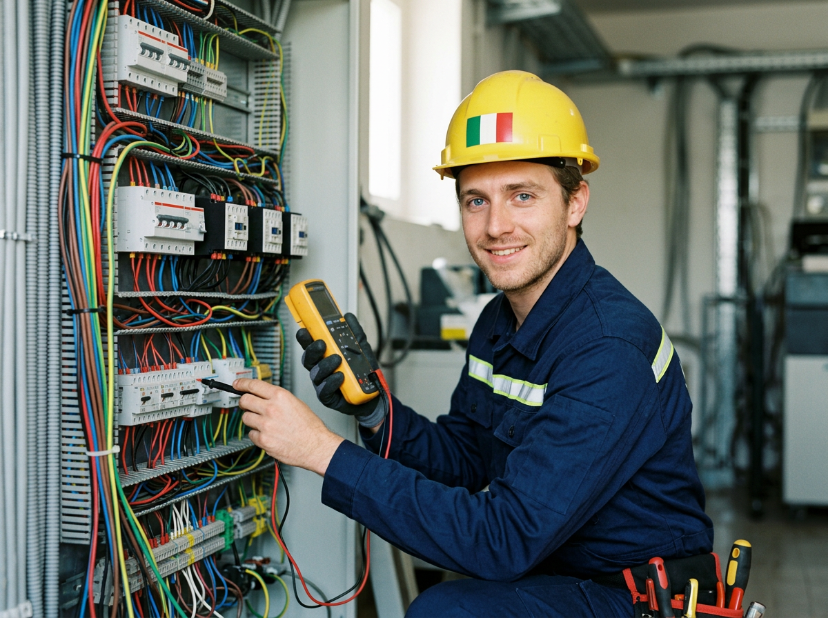 Un tecnico con casco giallo con bandiera italiana, utilizza un multimetro in una cabina elettrica con molti cavi colorati.