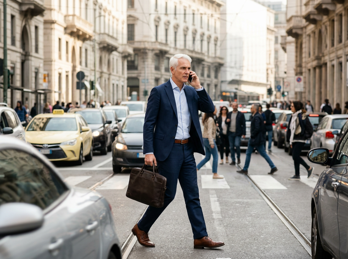 Uomo d'affari con giacca blu e pantaloni eleganti cammina attraverso una strada trafficata di città, parlando al telefono e portando una valigetta in mano.