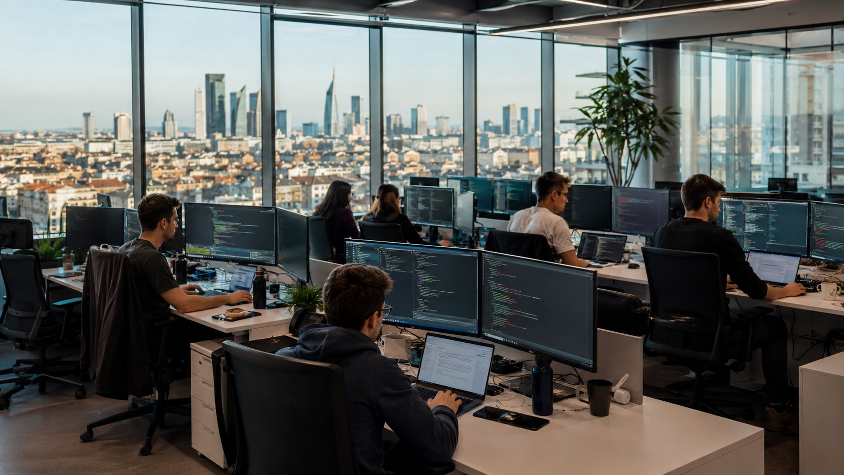 Interni di un open space con persone che lavorano alzate davanti a schermi con codice, con grandi finestre che mostrano una vista sulla città