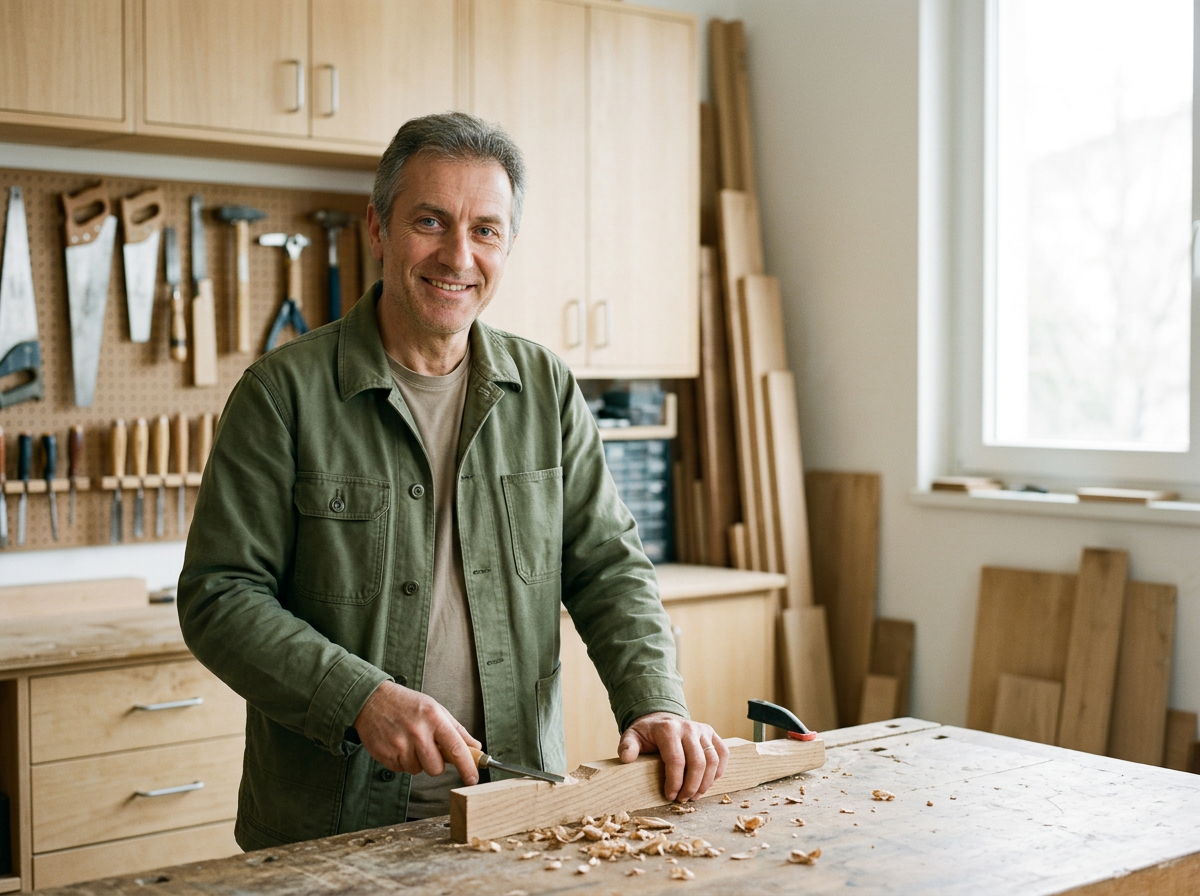 Un uomo in un laboratorio di falegnameria sta lavorando su un pezzo di legno con un coltello, sorridendo alla telecamera. Sullo sfondo ci sono strumenti da falegnameria appesi al muro e pannelli di legno in posa verticalmente.
