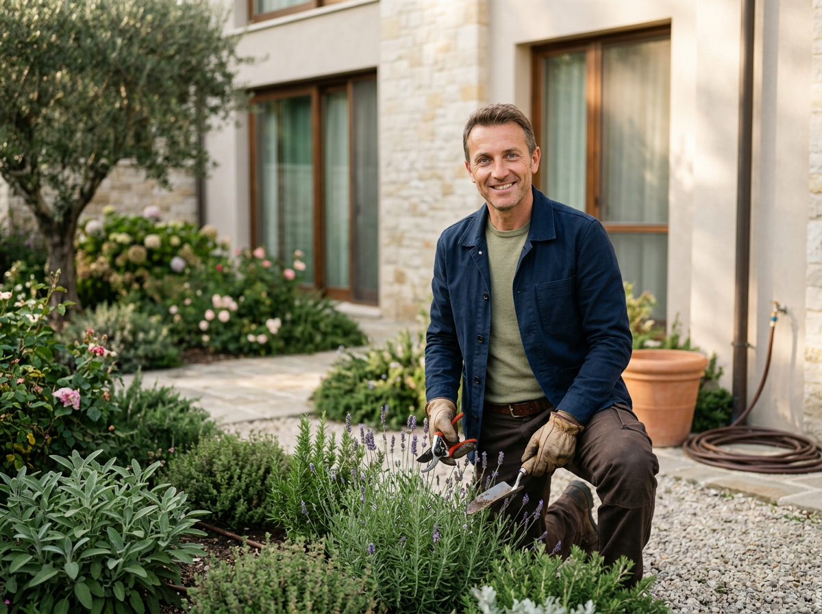 Un uomo sorridente che lavora nel giardino di una casa con piante e fiori.