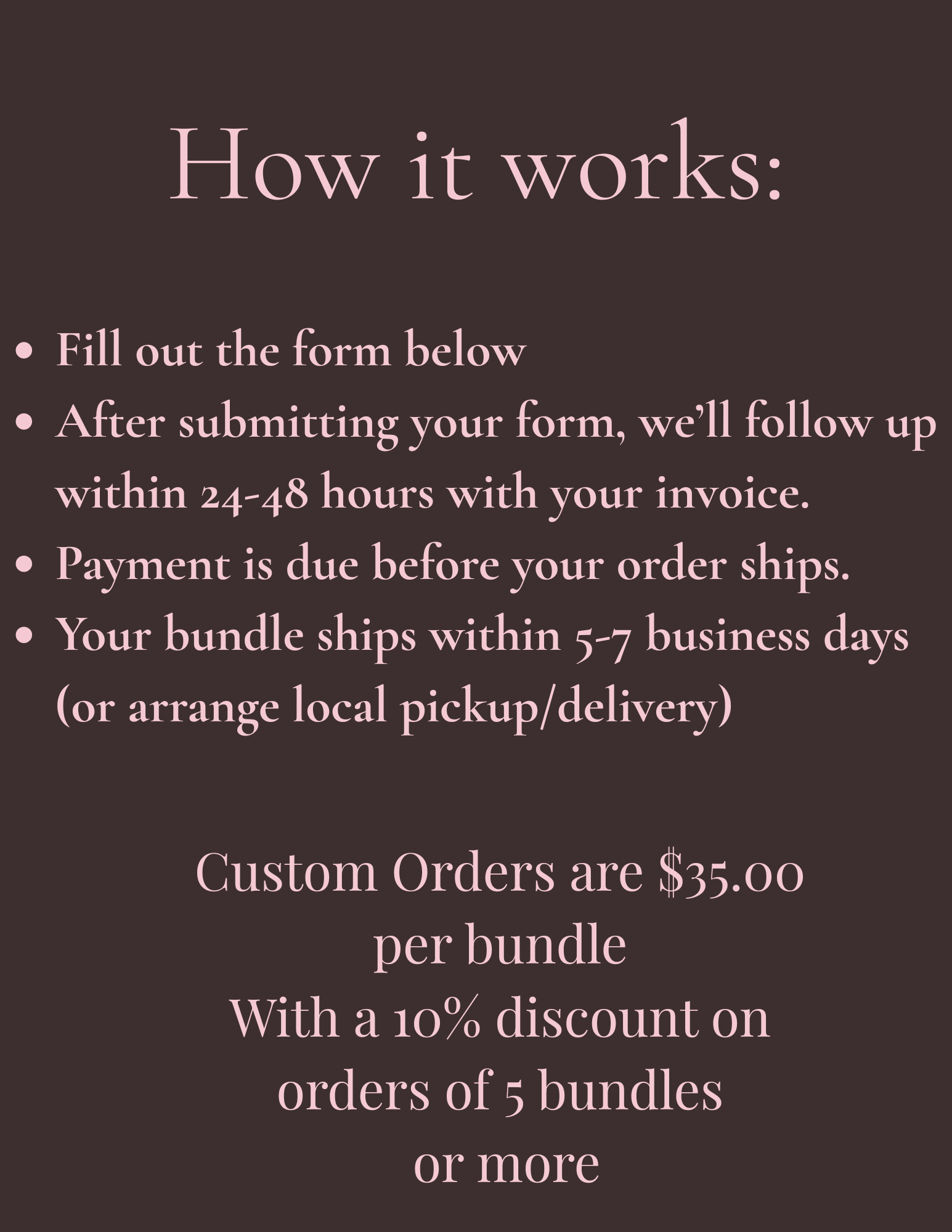 Slide presenting information on custom order prices and discounts, with instructions on filling out a form and order processing times, in soft pink text on a dark background.