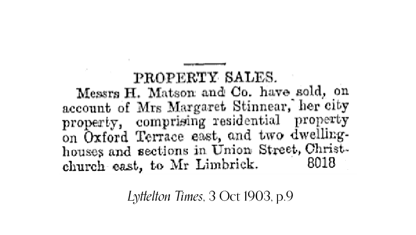 1903 newspaper report announcing the sale of three of Margaret Stinnear's properties in the Avon loop.