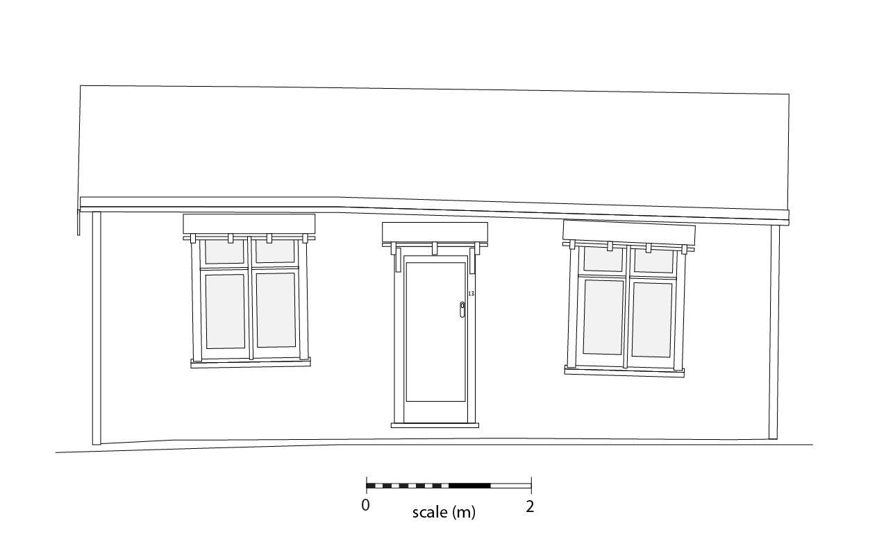 Line drawing of a small, simple house in Willow Street. Central front door, casement windows either side (windows & doors replaced earlier versions in the early 20th century).