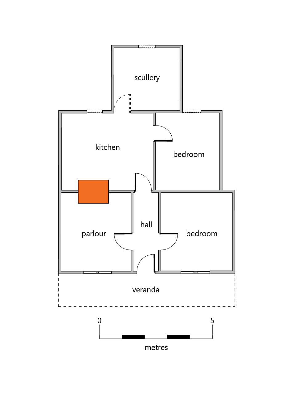 Floor plan of the Oppenheims' house: veranda, parlour, hall, kitchen, two bedrooms & a scullery. Back-to-back fireplace in the parlour/kitchen. Scullery is in a lean-to at the rear of the house.