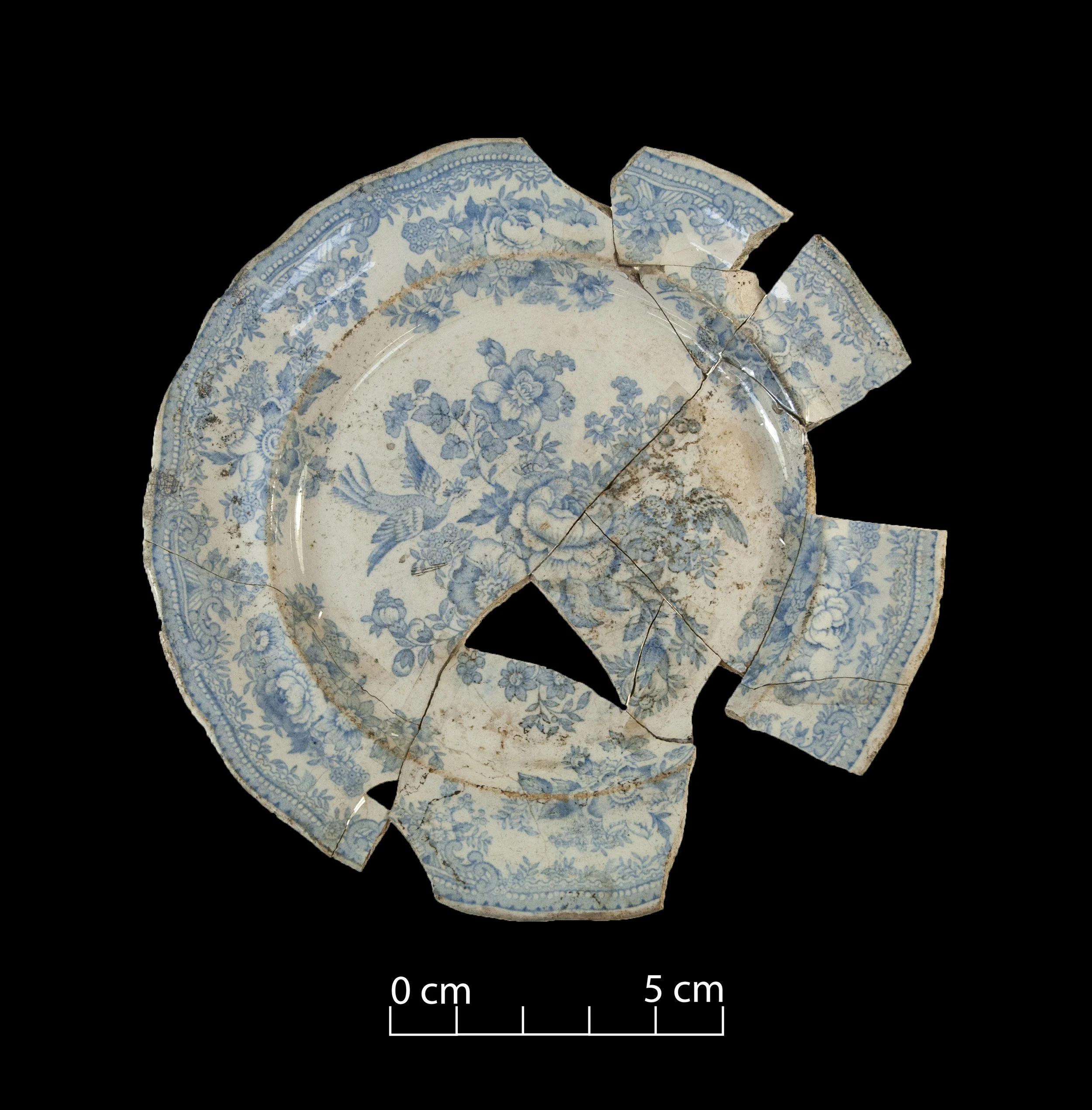 White earthenware plate, decorated with the Asiatic Pheasants pattern (blue). Broken, incomplete.