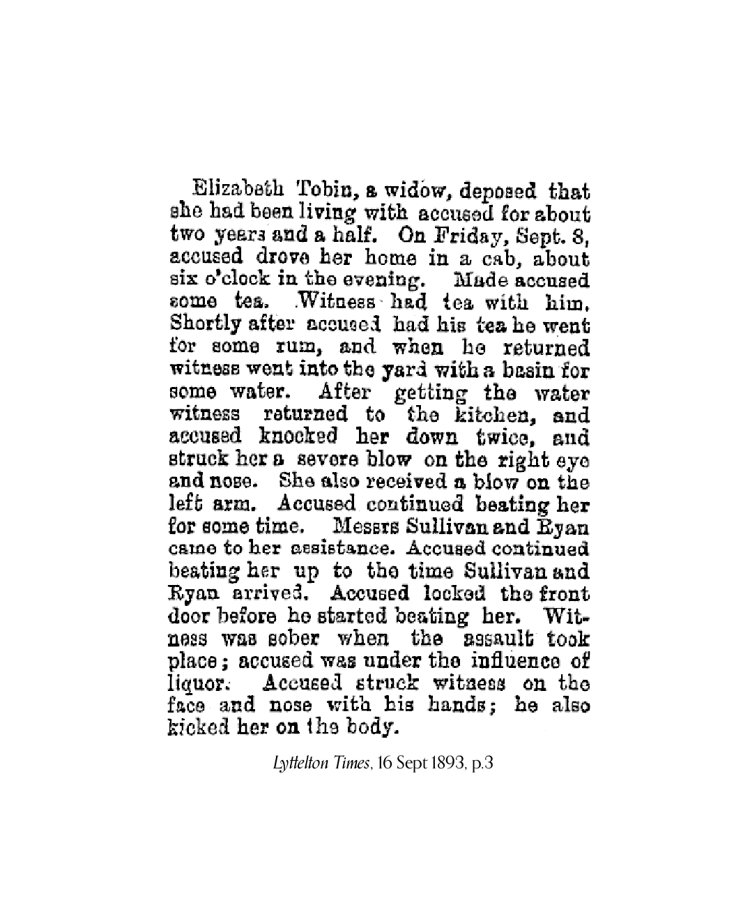 Newspaper description of a violent attack on Elizabeth Tobin in September 1893.