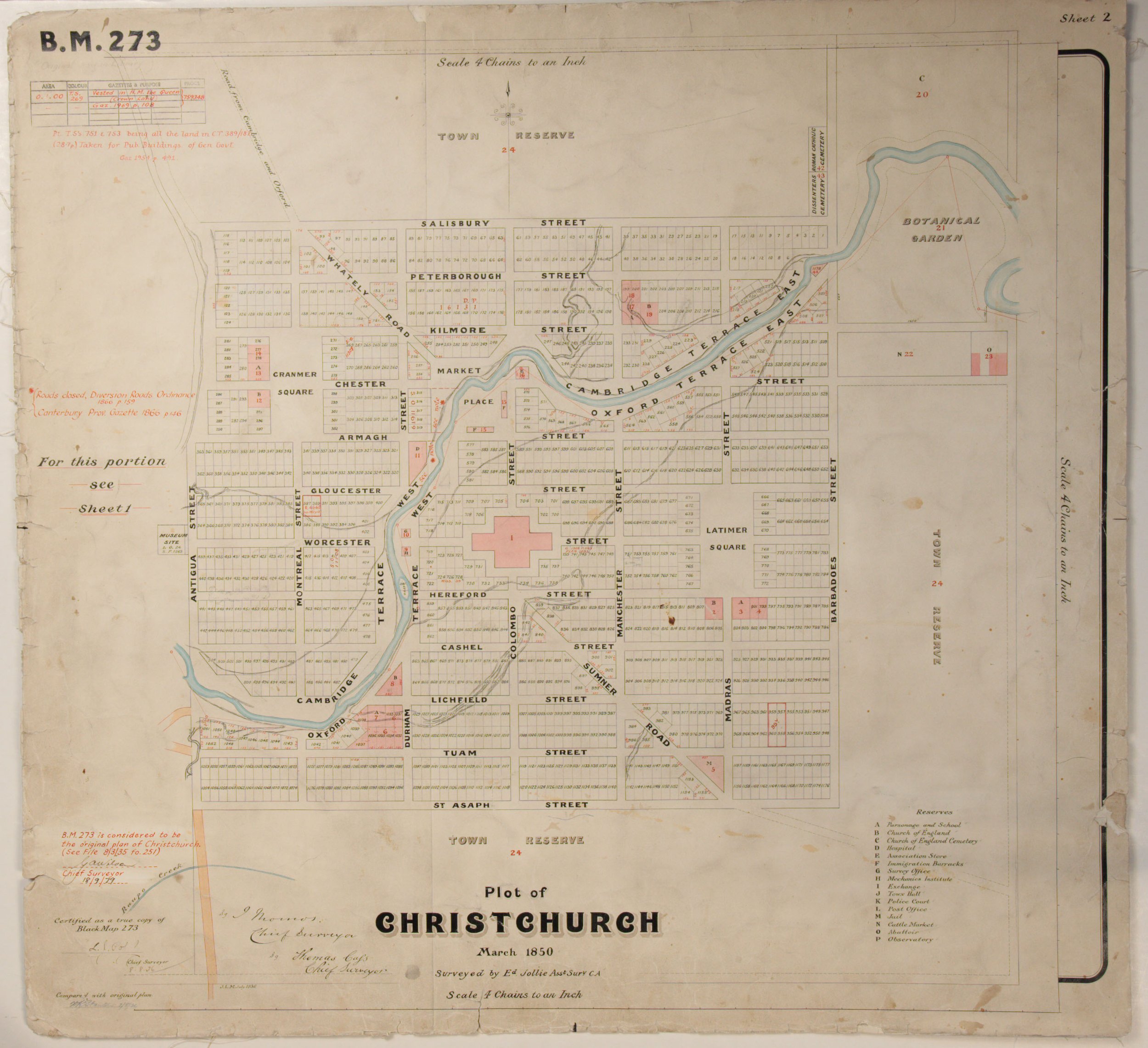 Edward Jollie's 1850 survey plan of Christchurch, showing Canterbury Association Reserve 21 (the future site of the Avon loop) set aside for the botanical gardens.