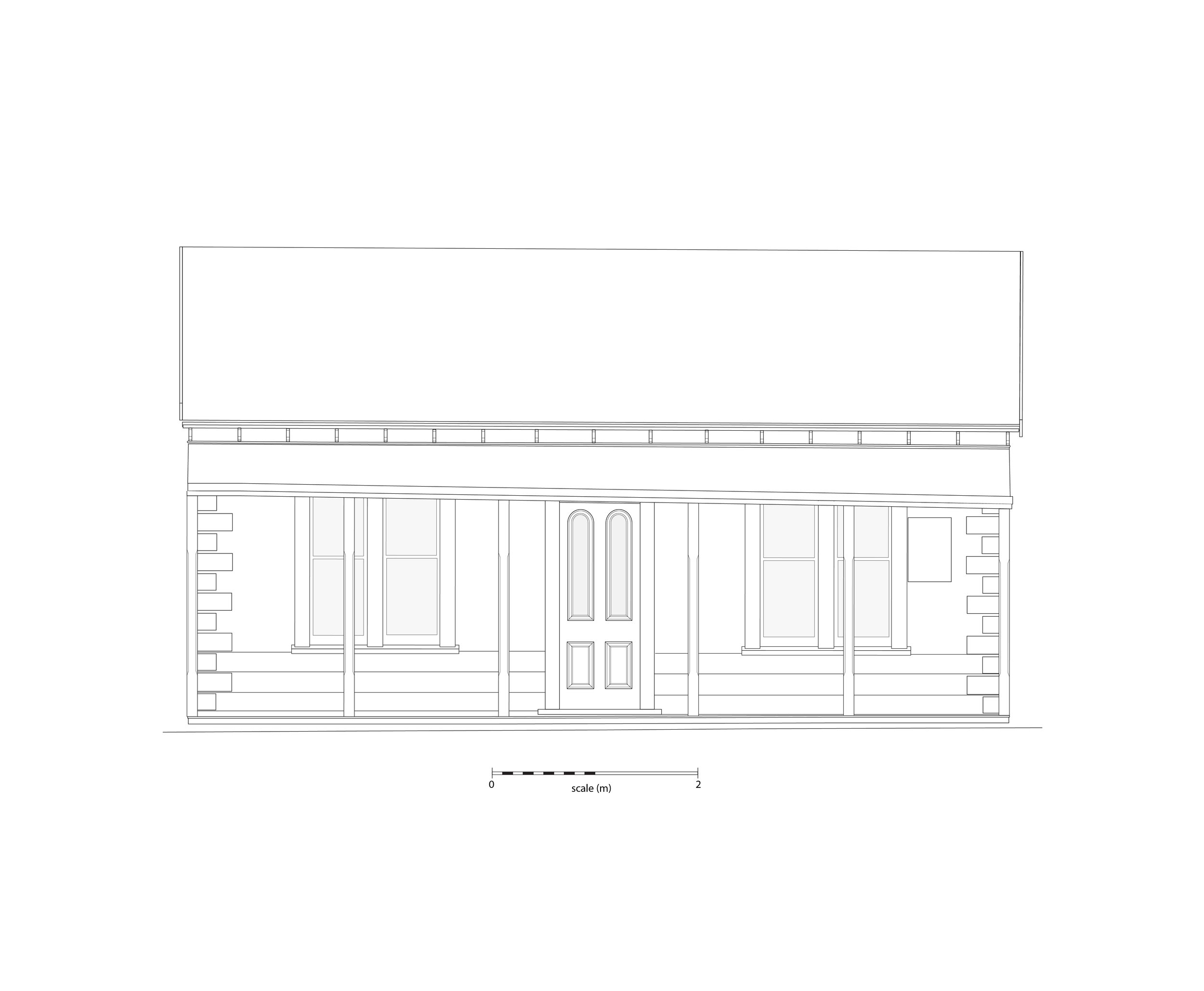 Line drawing of Ellen and Ernest Oppenheim's house, 19 Willow Street. Single storey, weatherboard, quoins, corrugated iron roof, veranda, pairs of sash windows either side of the front door (which has a four panels and a low lock rail).