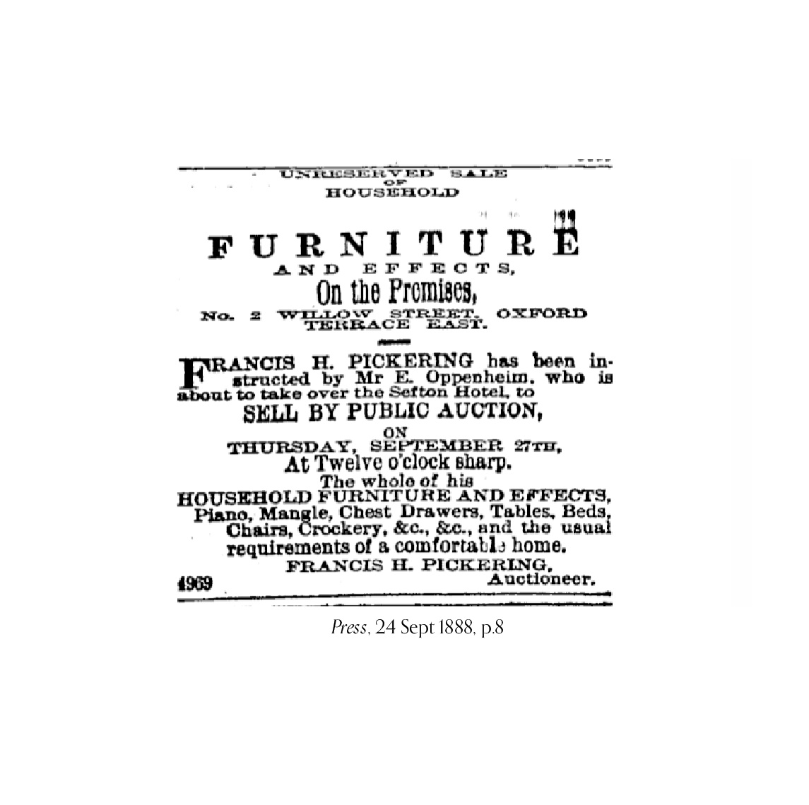 Newspaper advertisement from 1888, for the auction of Ellen & Ernest Oppenheim's furniture, including a piano, mangle, chest of drawers, crockery, etc.