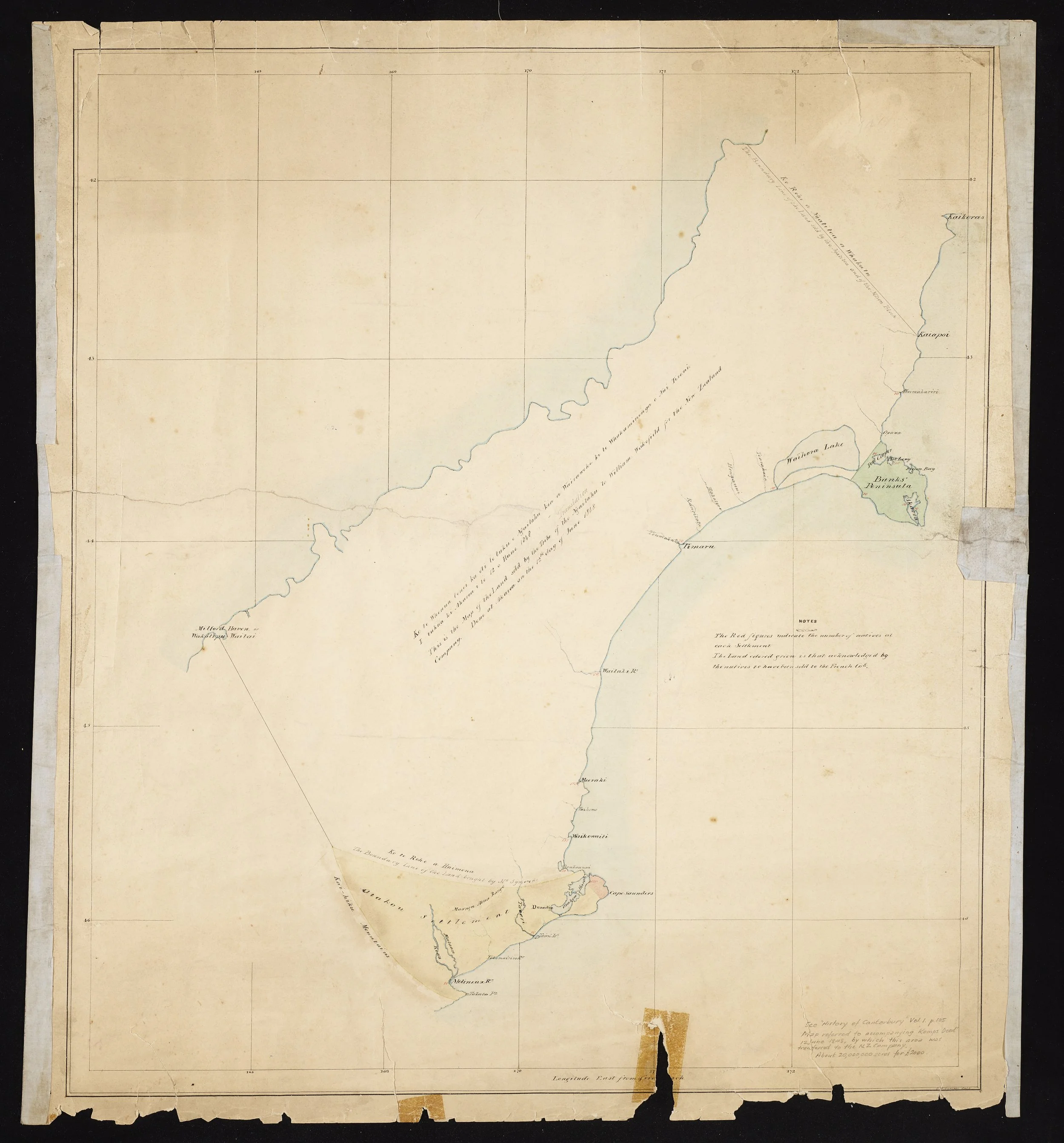 Map of the South Island, showing the area sold by Ngāi Tahu to the New Zealand Company, 1848. The number of Māori at a location is shown in red. Banks Peninsula coloured green to indicate that it had been purchased by the French.