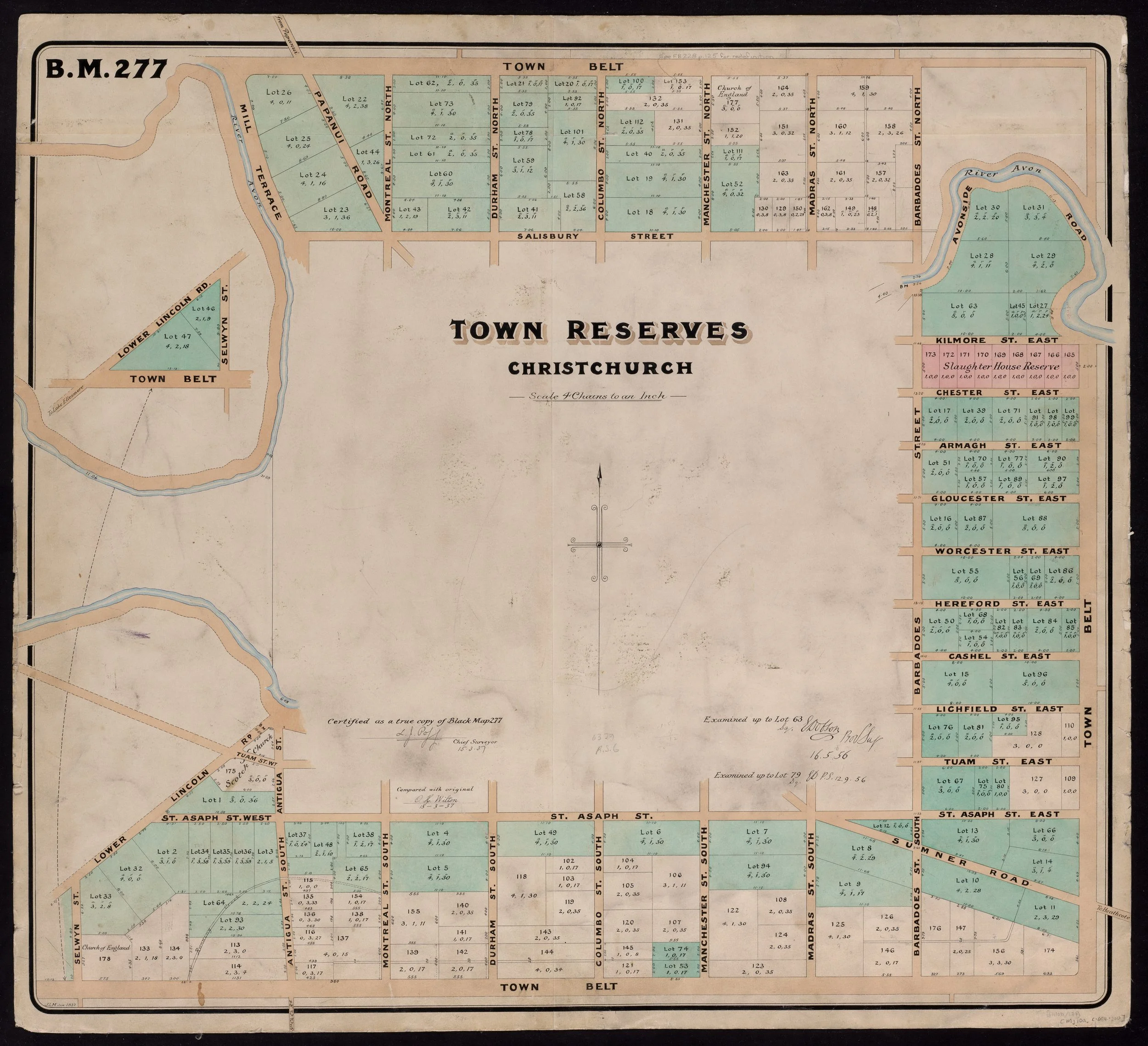 Copy of an 1856 plan of Christchurch showing the Canterbury Association reserves subdivided into town reserves.