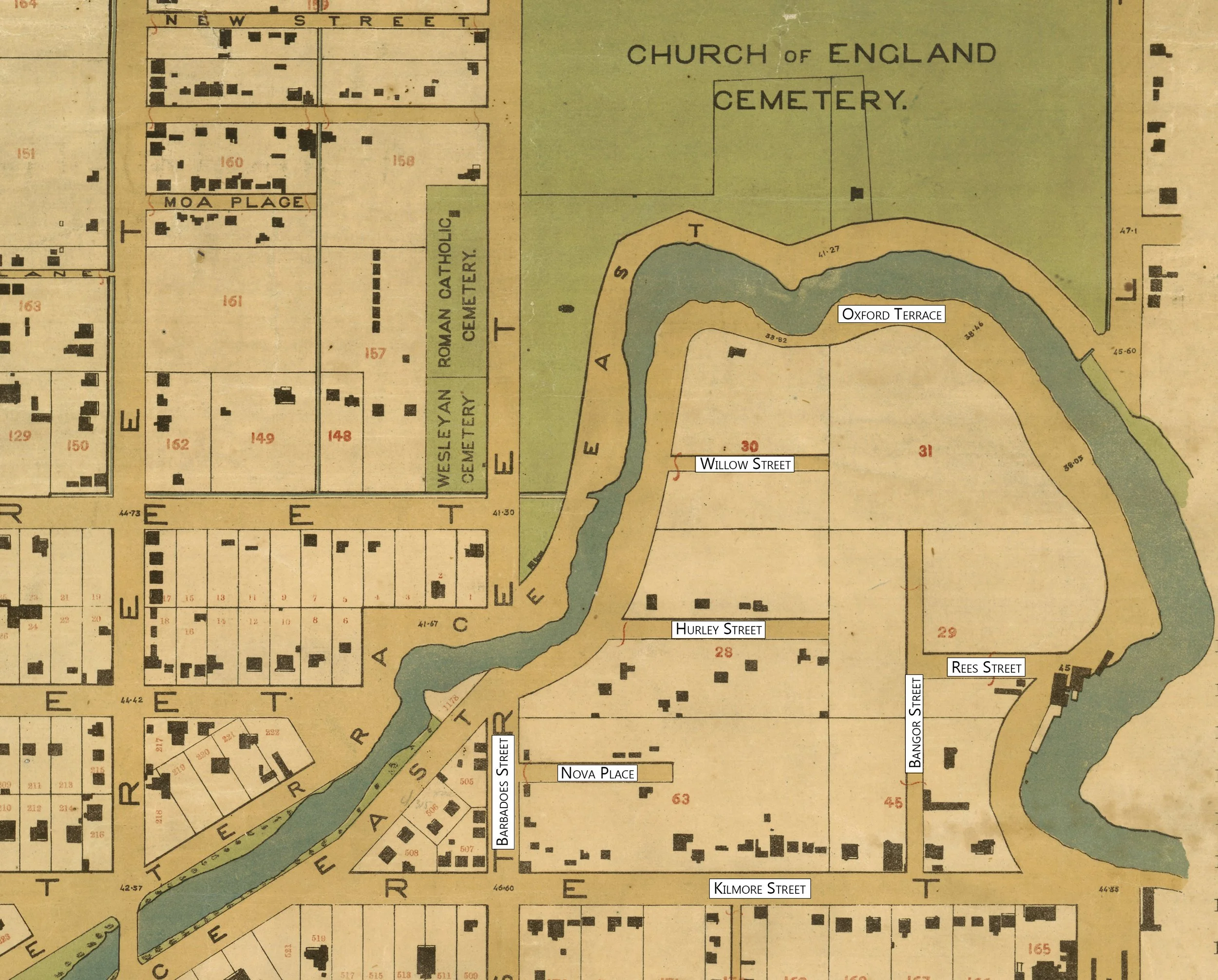 A map showing the Avon loop in 1877. It shows the streets that had been surveyed (labelled) and the buildings extant at the time. There is no bridge over the Avon River at Barbadoes Street.