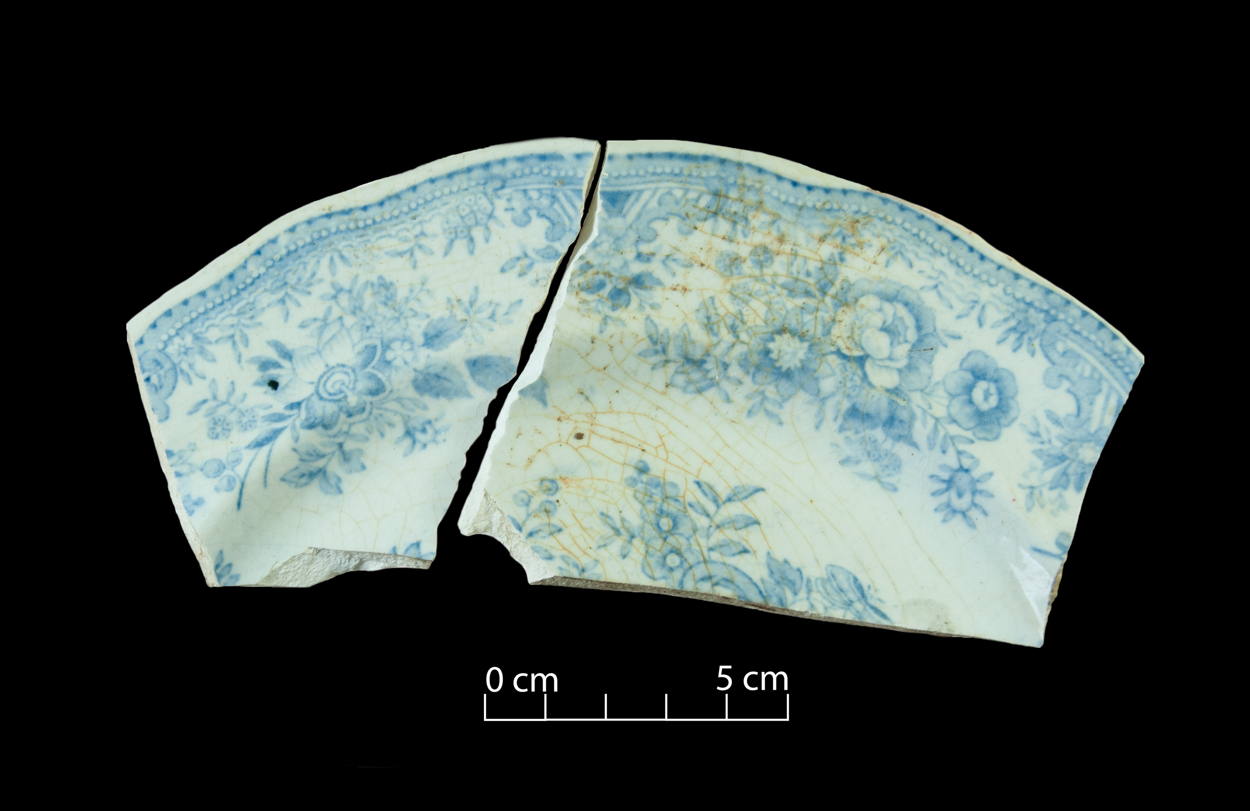 Two pieces of an earthenware plate, decorated with the Asiatic Pheasants (blue) pattern.