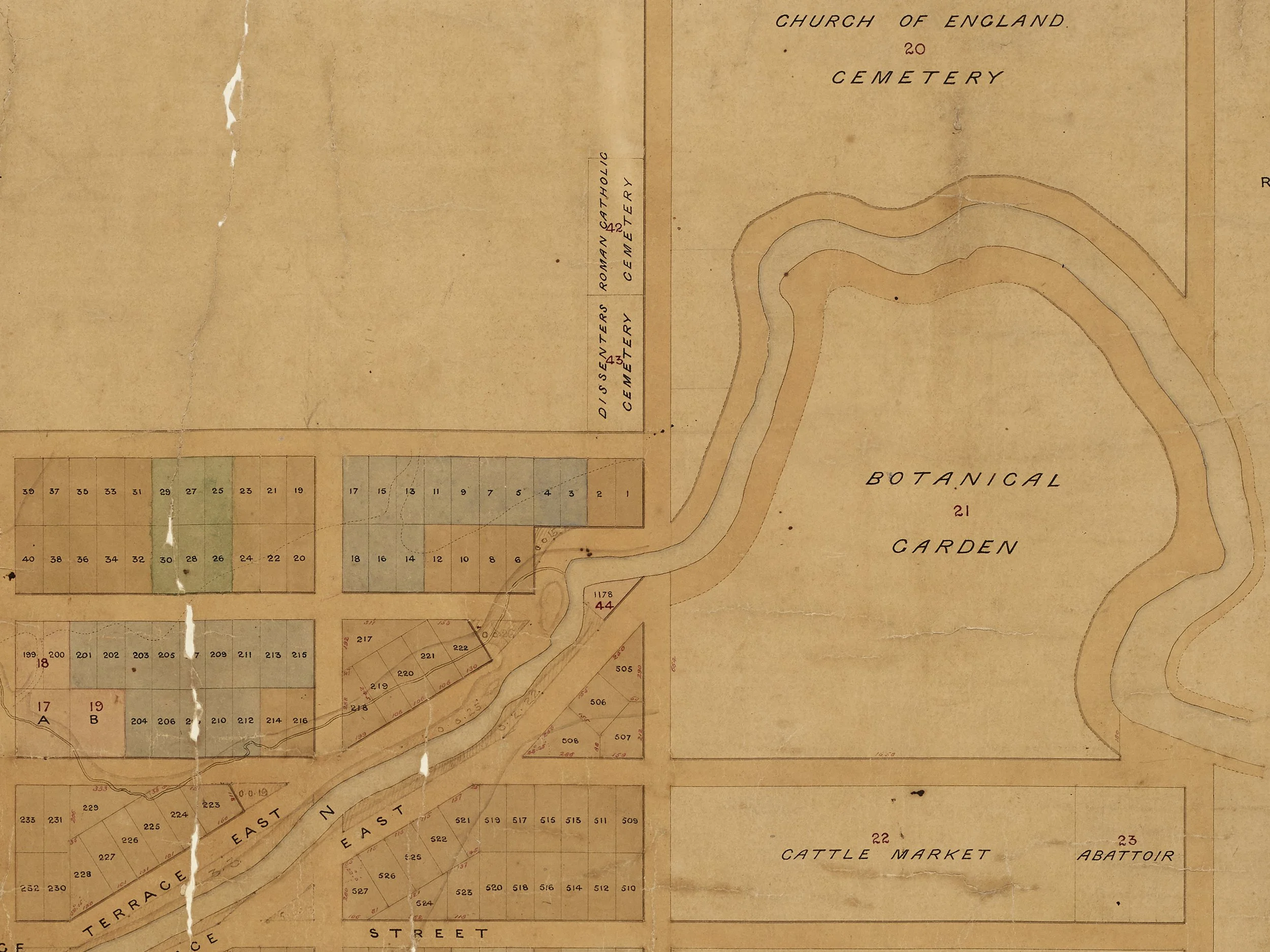 Part of Black Map 274 (c.1860), showing the Avon loop surveyed as Canterbury Association Reserve 21, set aside for the botanical gardens.
