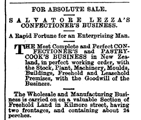 1884 advertisment for the sale of Salvatore Lezza'a confectionery factory in Kilmore Street.