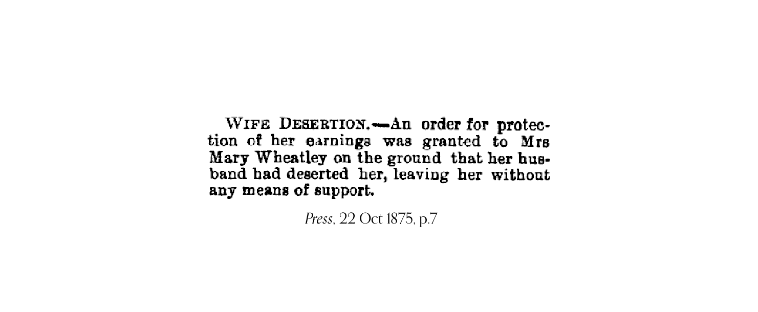 Newspaper article noting that Mary Wheatley's husband had deserted her, and her earnings were protected from him.