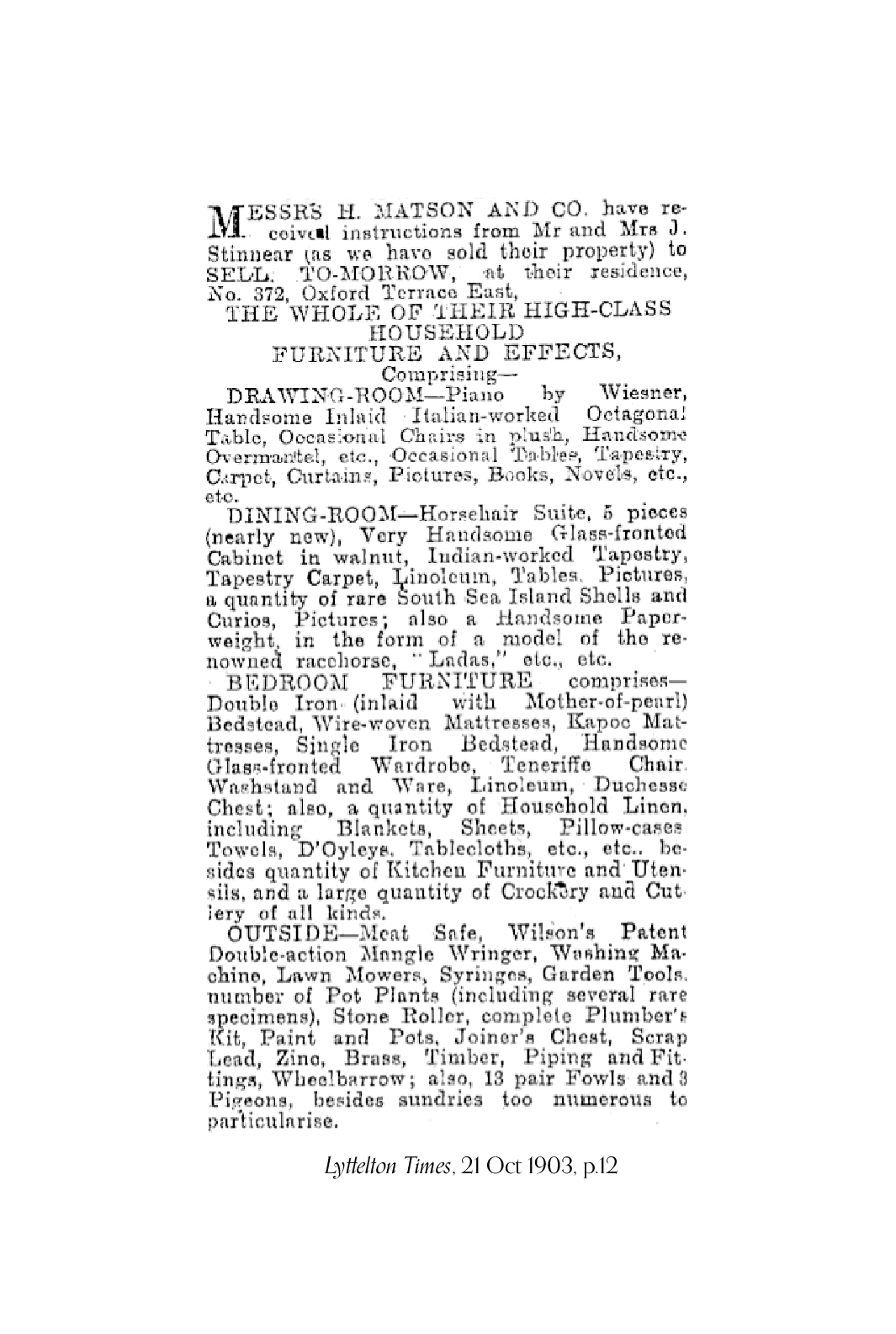 1903 newspaper advertisement for the sale of John & Margaret Stinnear's furniture and goods, including 13 pair of fowls and three pigeons.