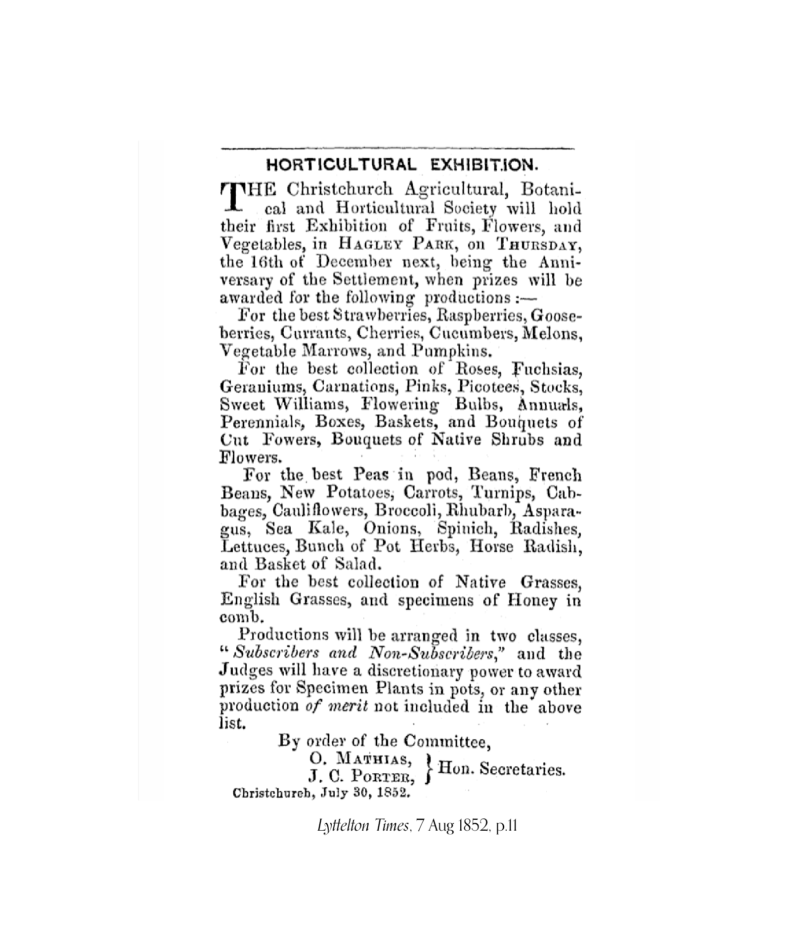 Newspaper article outlining the categories at a horticultural exhibition in Hagley Park in 1852, including a "bunch of pot herbs".