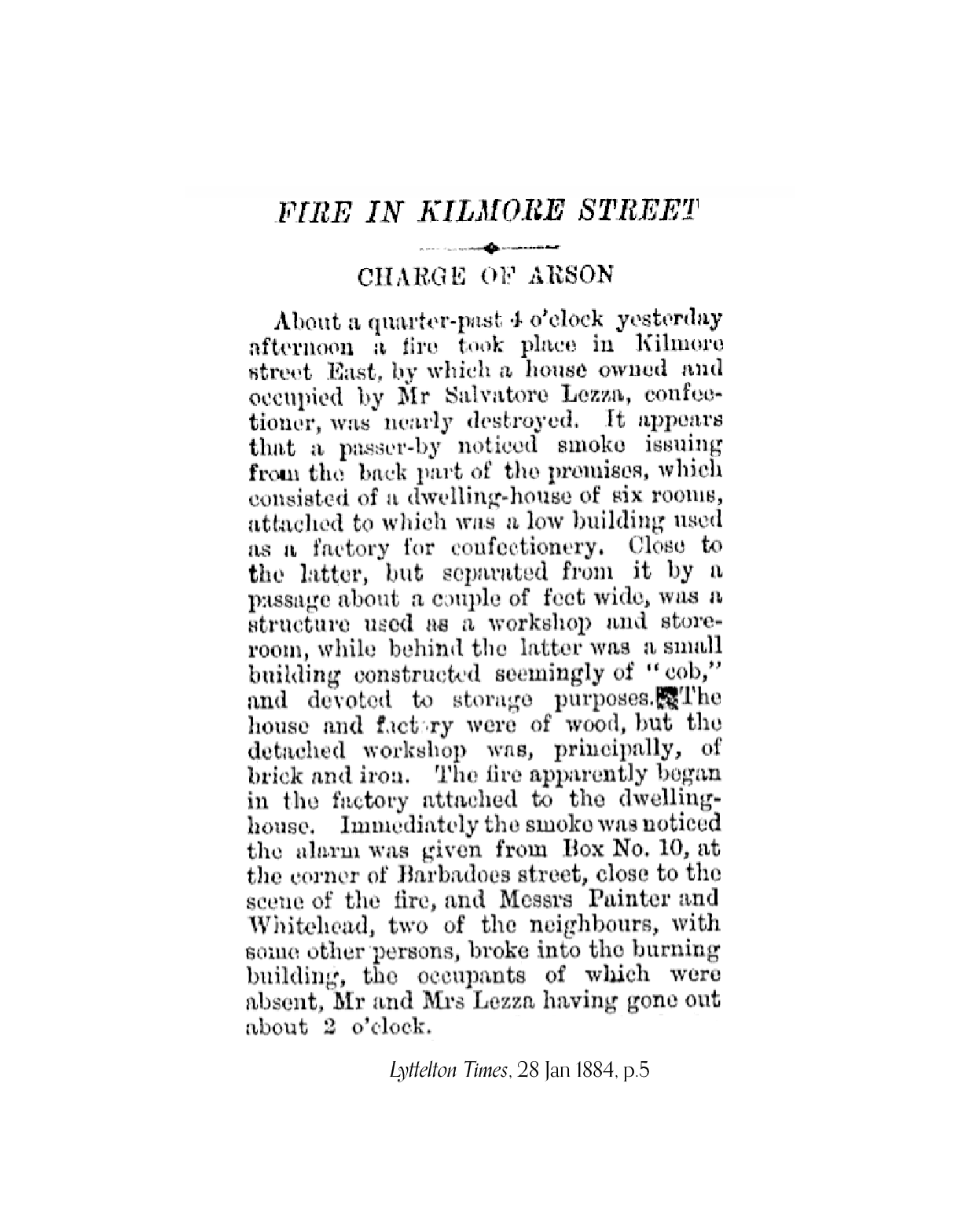 Newspaper article about the fire in Lezza's factory, describing the buildings on the section.