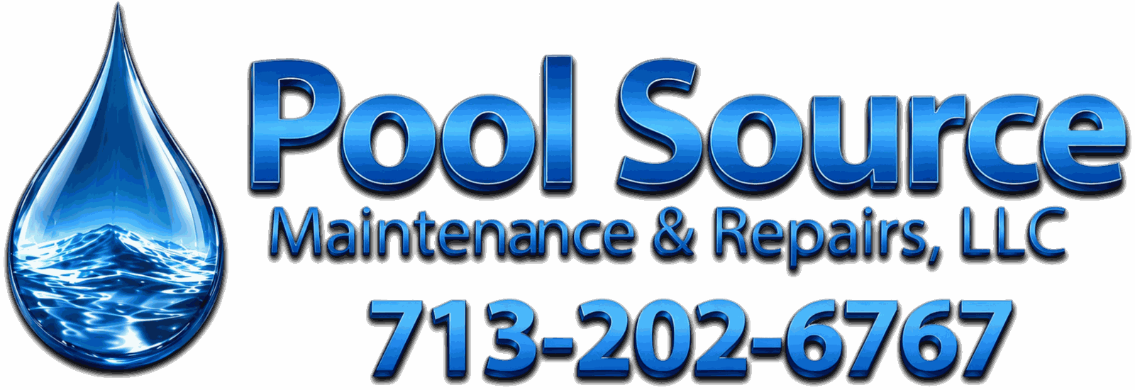 A business logo for Pool Source Maintenance & Repairs, LLC featuring a water droplet with water inside, the company name, phone number, and a black background.