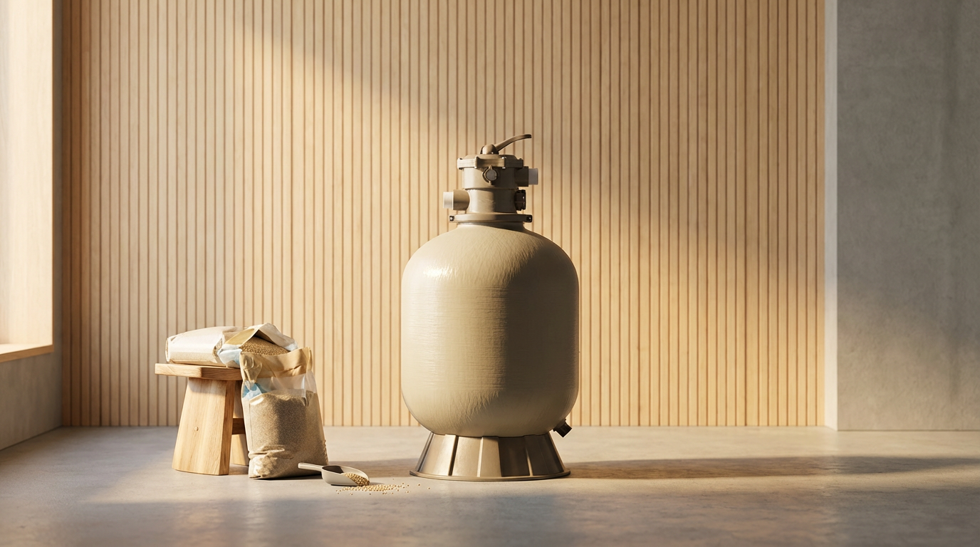 Large beige bag of grain or flour, a small pile of grains, a scoop, and a wooden stool with a paper bag on top, set against a wood-paneled wall.