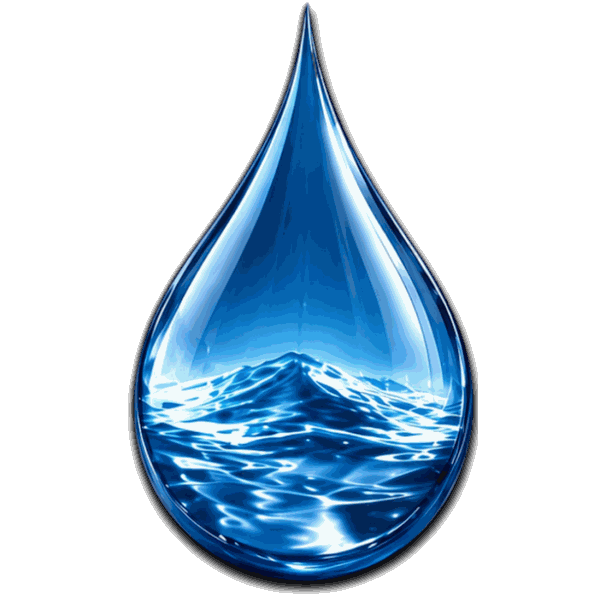 A close-up artistic illustration of a blue water droplet with a reflective surface and ripples inside, set against a black background.